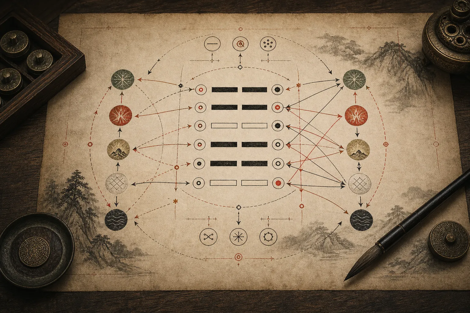Traditional scholarly force diagram for Wen Wang Gua line interactions