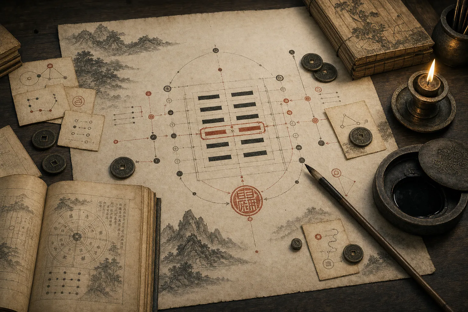 Traditional scholarly judgment desk with a Wen Wang Gua chart and evidence marks