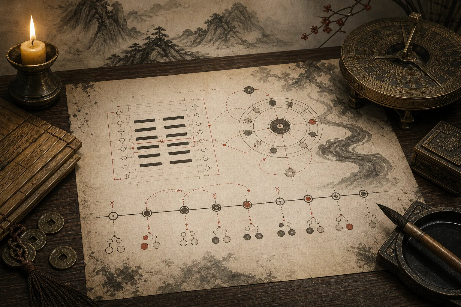 Traditional scholarly timing chart with calendar points and a six-line cast
