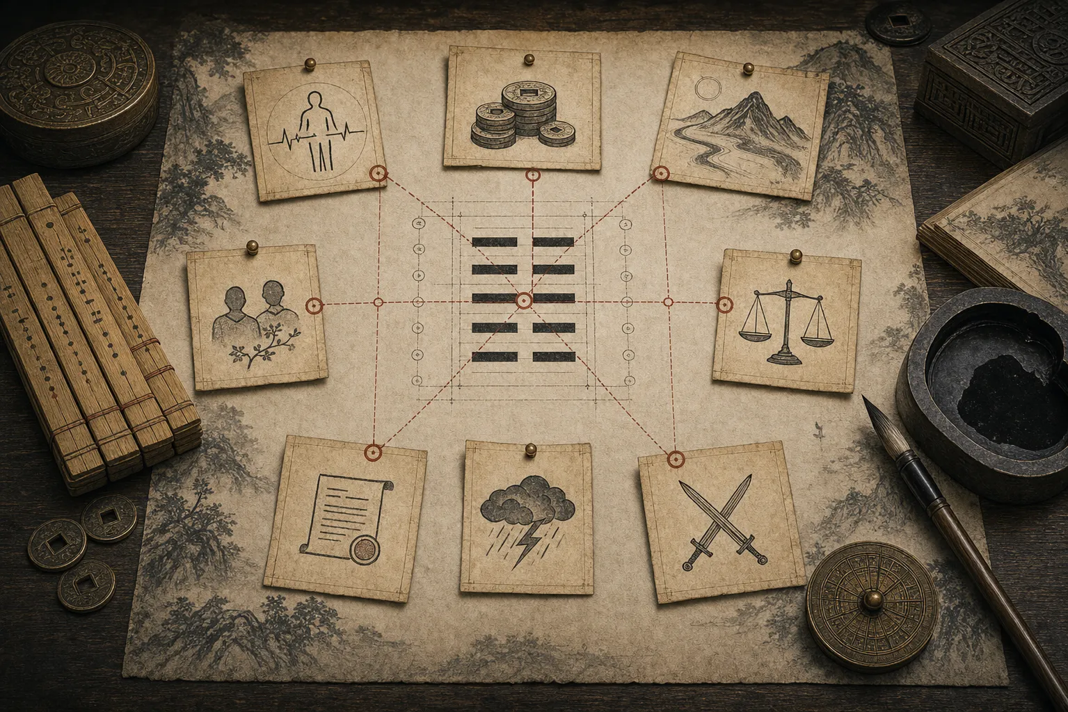 Traditional scholarly desk with separate reading dossiers for different life domains