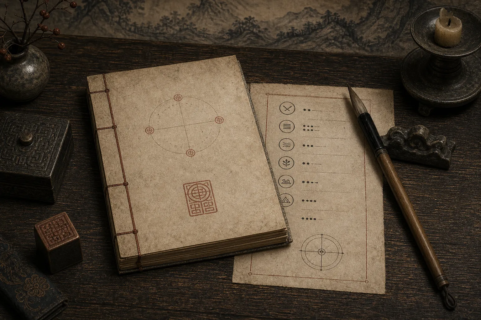 Traditional scholarly desk with completed case notes and a quiet consultation setting