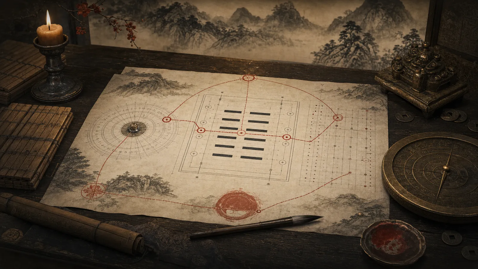 Traditional scholarly desk with a Wen Wang Gua chart and calendar tools